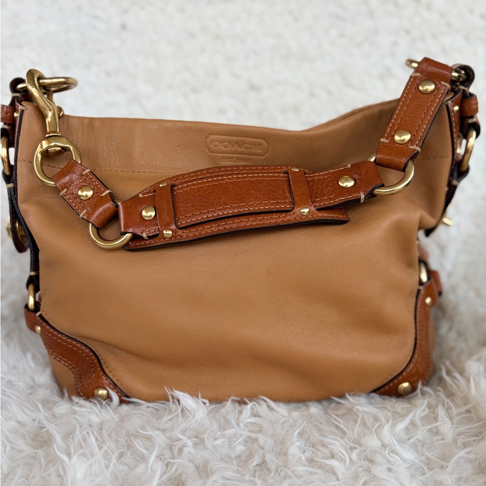 Vintage Coach Carly Camel and Brown Leather Shoulder Bag Chunky Brass Hardware